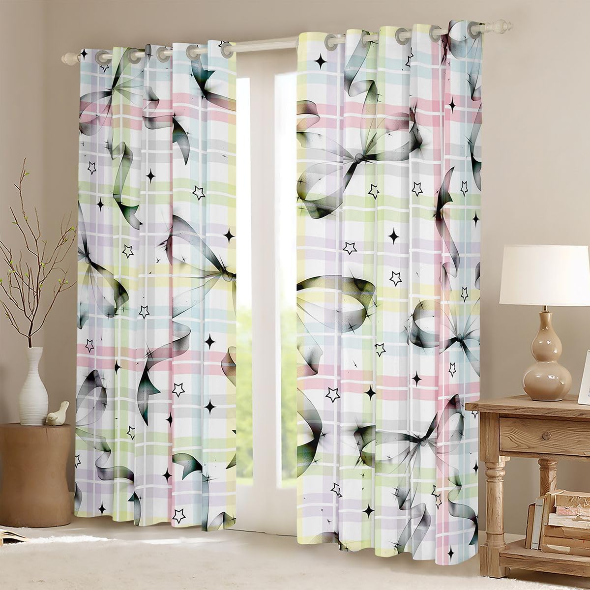 Pastel Plaid Bow Curtains for Bedroom Living Room image 2