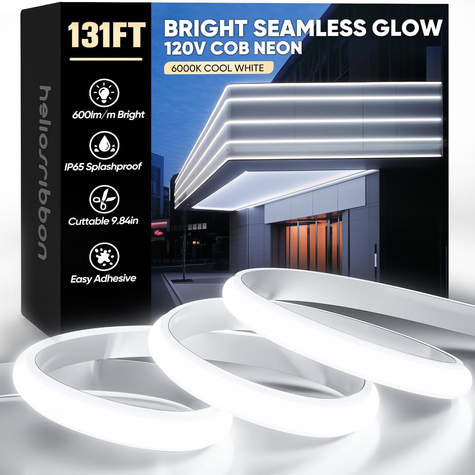 COB - Tira de luces LED de neón de 15 pies, 6000 K, blanco frío, 110-120 V, impermeable, 600 lm/m, súper brillante, cortable y calcomanía para techo, dormitorio, jardín