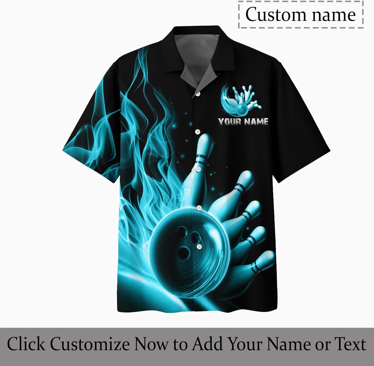 Cool Bowling Hawaiian Style 3D Button Shirt with Turquoise Bowling Flame and Black Pattern Graphic On it for Bowling Team