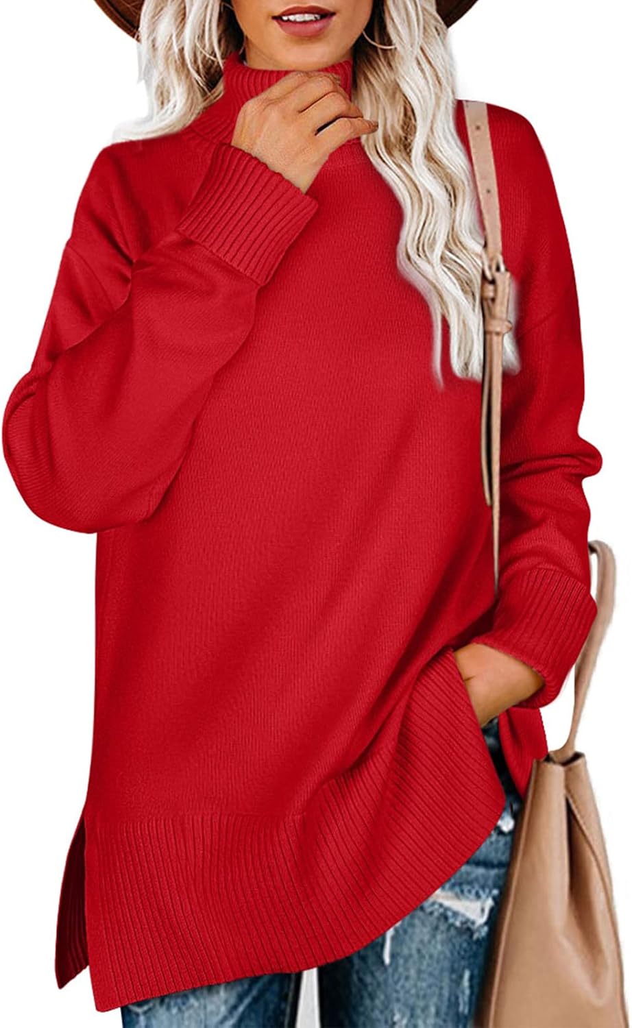 Glanzition Sweaters for Women Turtleneck Side Split Oversized Pullover Tops - Image 2