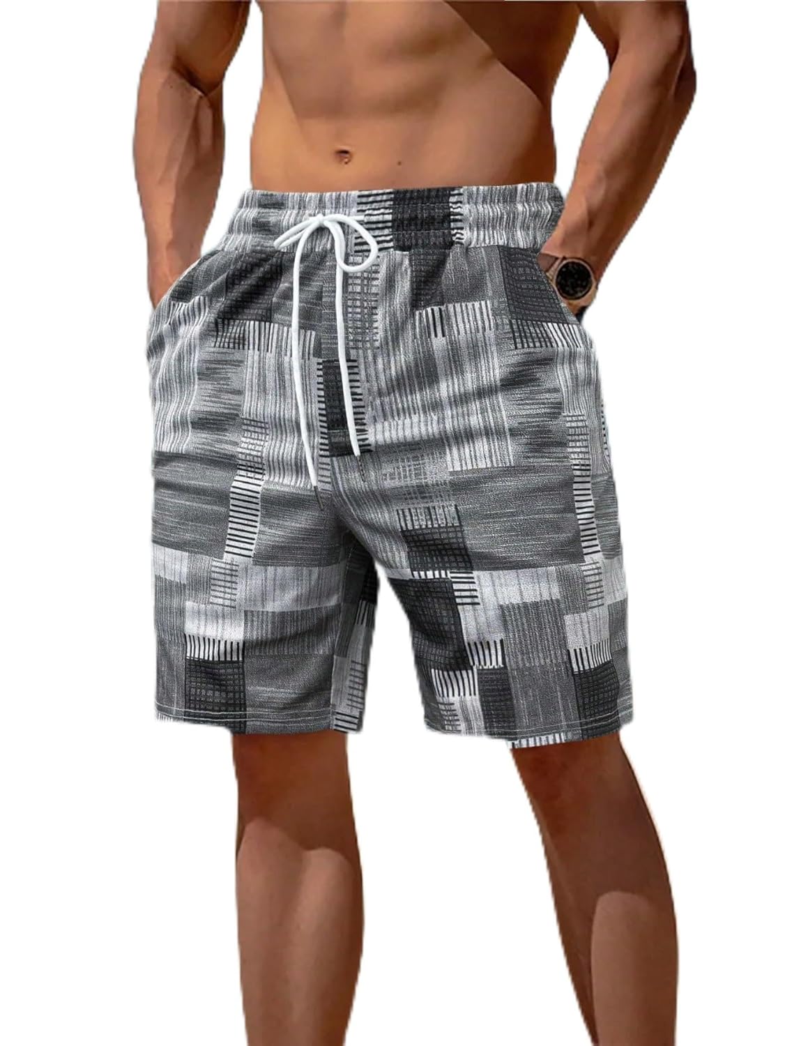 Shorts masculinos casuais esportivos de verão coloridos com cordão na cintura e estampa de exposição ao joelho, presente para marido ou namorado