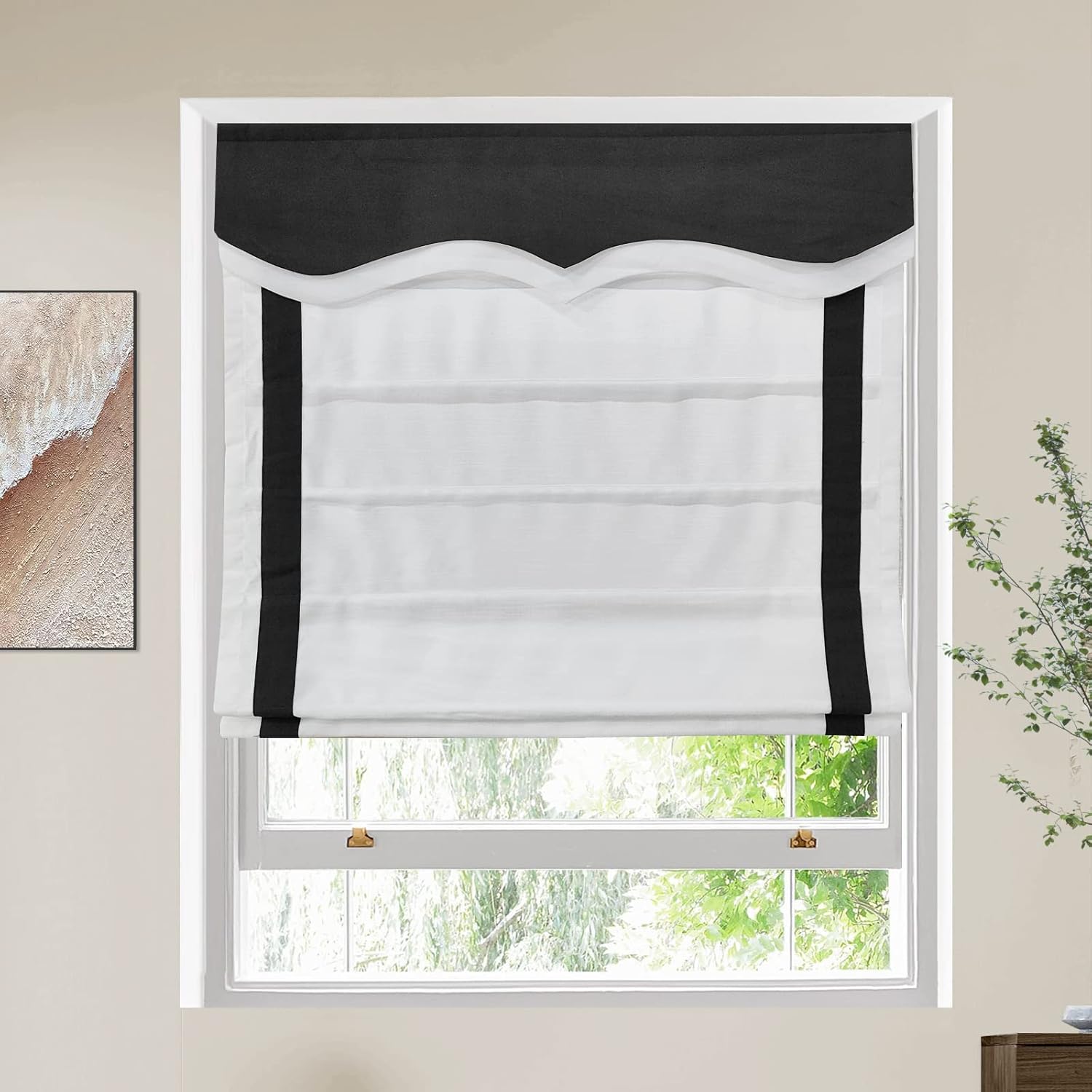 LETAU Window Shade, Polyester Blend Black Striped Roman Shades, Custom Valanced Blackout Window Treatment for Kitchen Doors, Cordless, One Size