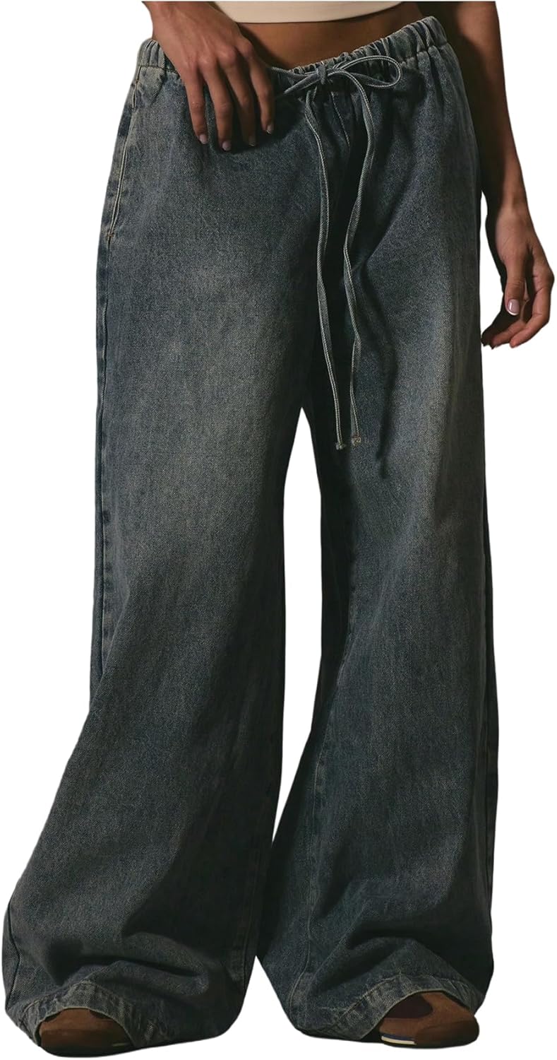 GORGLITTER Women's Drawstring Wide Leg Jeans Low Waisted Baggy Trendy Boyfriends Denim Pants with Pockets