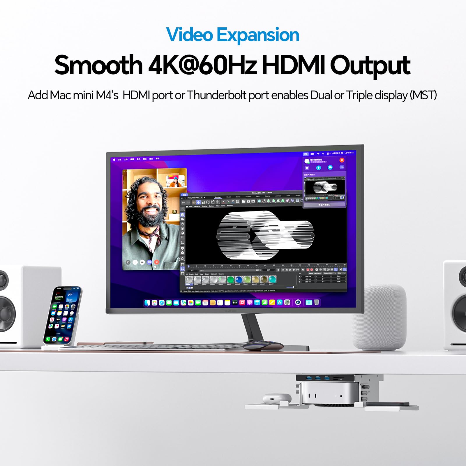 Mac mini M4 Dock & Stand con Alloggiamento, SSD M.2 Slot, HDMI 4K60 | Hub Mac mini M4 con 3 USB-A 10Gbps per Mac mini M4/M4 Pro, supporto in metallo per Monitor, Scrivania e porta VESA