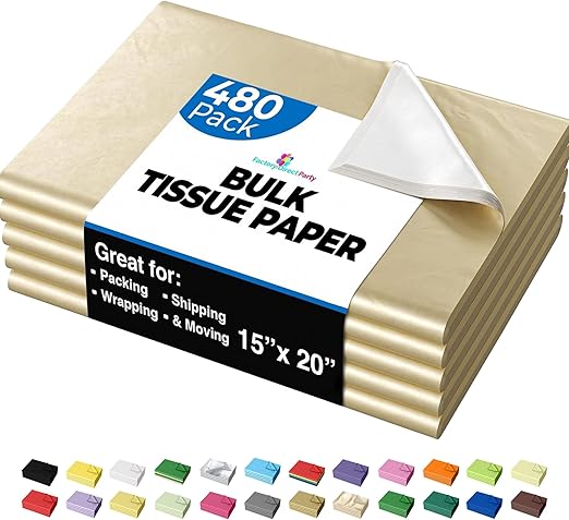 Gold Tissue Paper for Gift Bags - 15" X 20" Bulk Tissue Paper Gold 480 Sheets - 10lb Newsprint for Packing, Birthday Gift Box Filler, Packing Supplies for Moving Supplies Crown Display