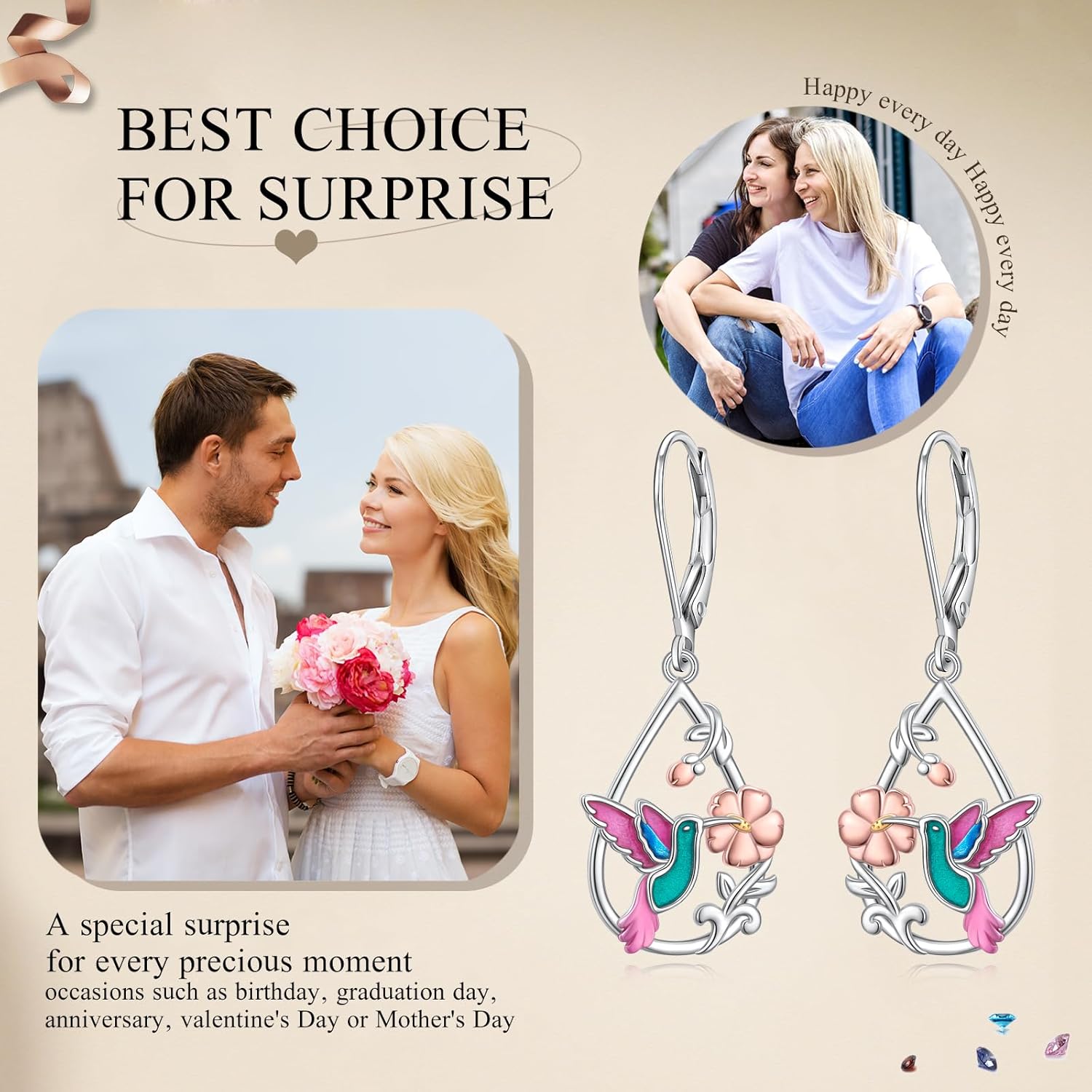 925 Sterling Silver Hummingbird Dangle Drop Earrings for Women Flower Earring Jewelry Gifts for Birthday Anniversary Mother’s Day - Image 6