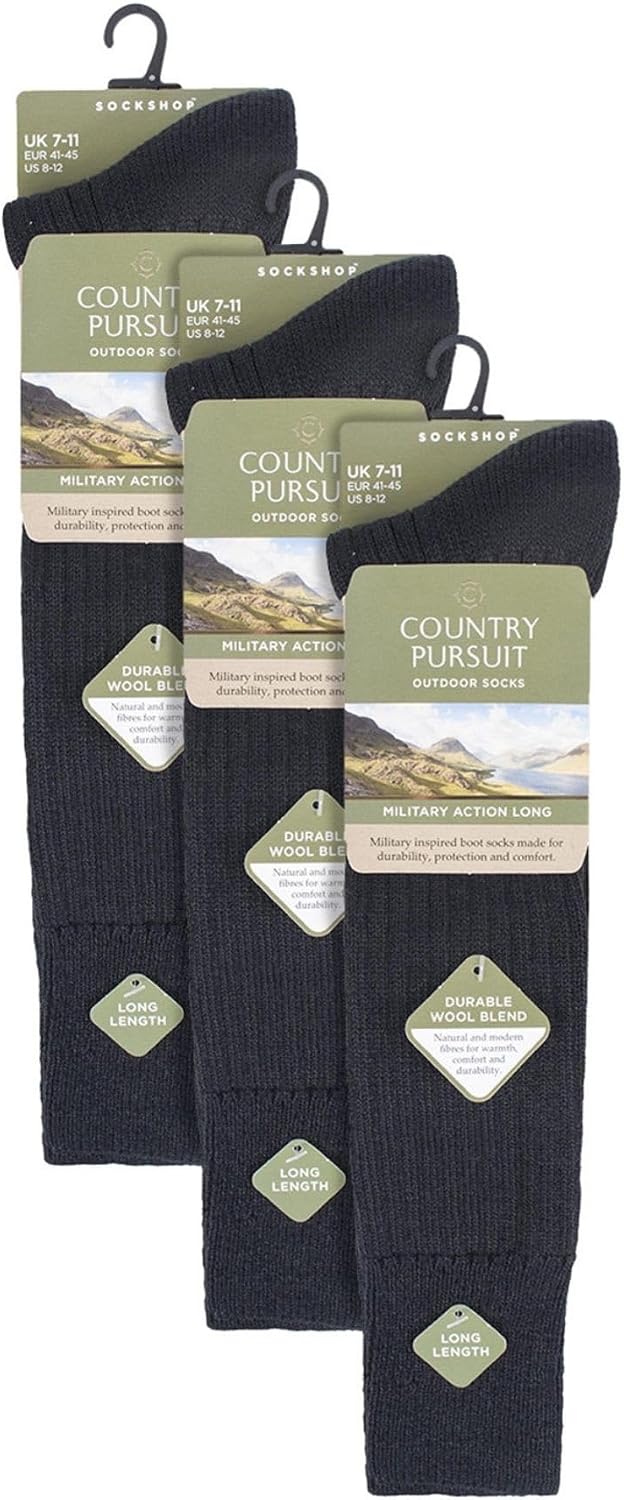 3 Pack Mens Knee High Wool Socks Long Hiking Military Socks (7-12, Black)
