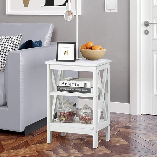 Miniatura 5 de VECELO Mesa auxiliar versátil con estante de almacenamiento, mesitas de noche para sala de estar, muebles de dormitorio, estantes, blanco perla,