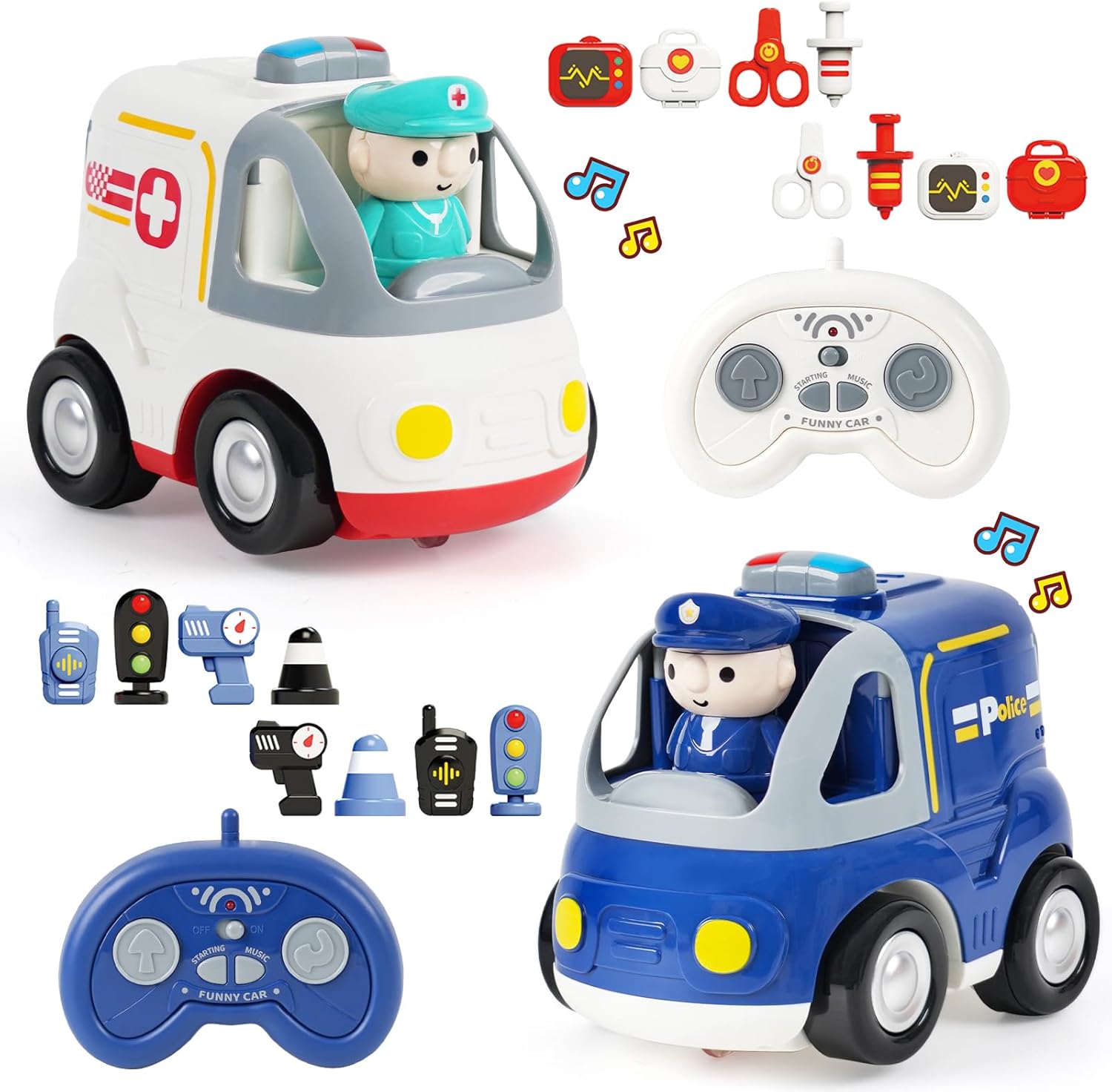 BEMITON 2.4GHz Remote Control Toy Cars for Toddlers - Interactive Police Car & Ambulance with Lights and Music, Birthday Gifts for Boys and Girls Ages 18+ Months, 2 3 4 5 Year Old