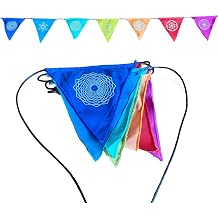 Triangle Sacred Geometry Rainbow Prayer Flags Set of 7 6 5.5 Inch Handmade in Bali on Cotton Blend Fabric | Meditation and Yoga Decor with Sacred Symbol Designs