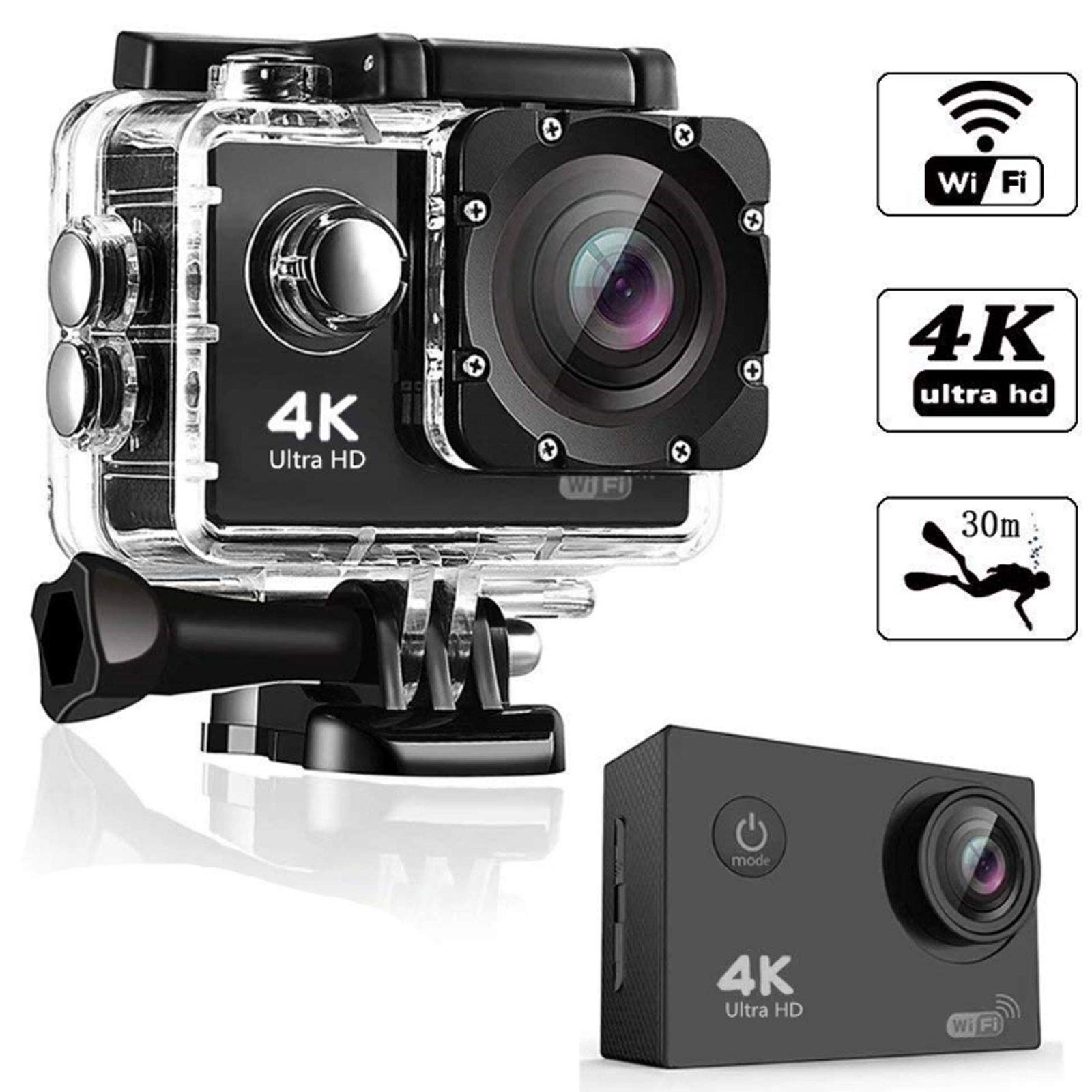 Caméra Étanche, 4K 2.0" écran LCD Full HD étanche Action Appareil Photo Caméscope Vidéo sous-Marine 30M avec Action Cam Wi-FI Intégré et Telecommande sans Fil,Noir