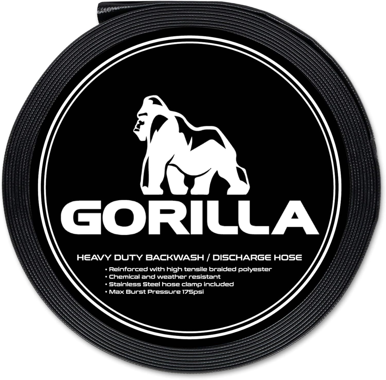 GORILLA Backwash Hose for Swimming Pools | Extra Heavy Duty | Chemical and Weather Resistant | Includes Hose Clamp | 2" ID X 25FT , 50FT and 100FT Lengths (100FT) : Patio, Lawn & Garden