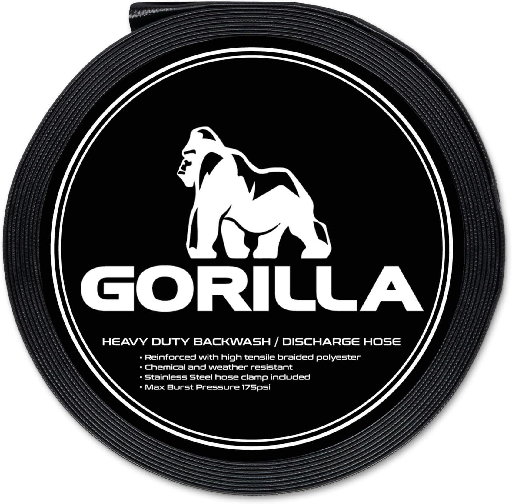 GORILLA Swimming Pool Backwash Hose with Clamp - Extra Heavy Duty - Weather and Chemical Resistant (25 FT)