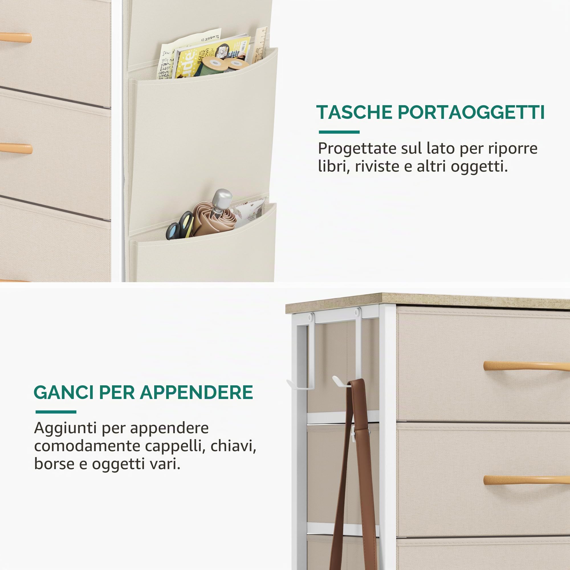 YITAHOME Cassettiera in tessuto con tasche laterali, ganci, armadietto con 5 cassetti, Cassettiera per Corridoio, con vano contenitore per soggiorno, camera da letto, cameretta dei bambini,beige