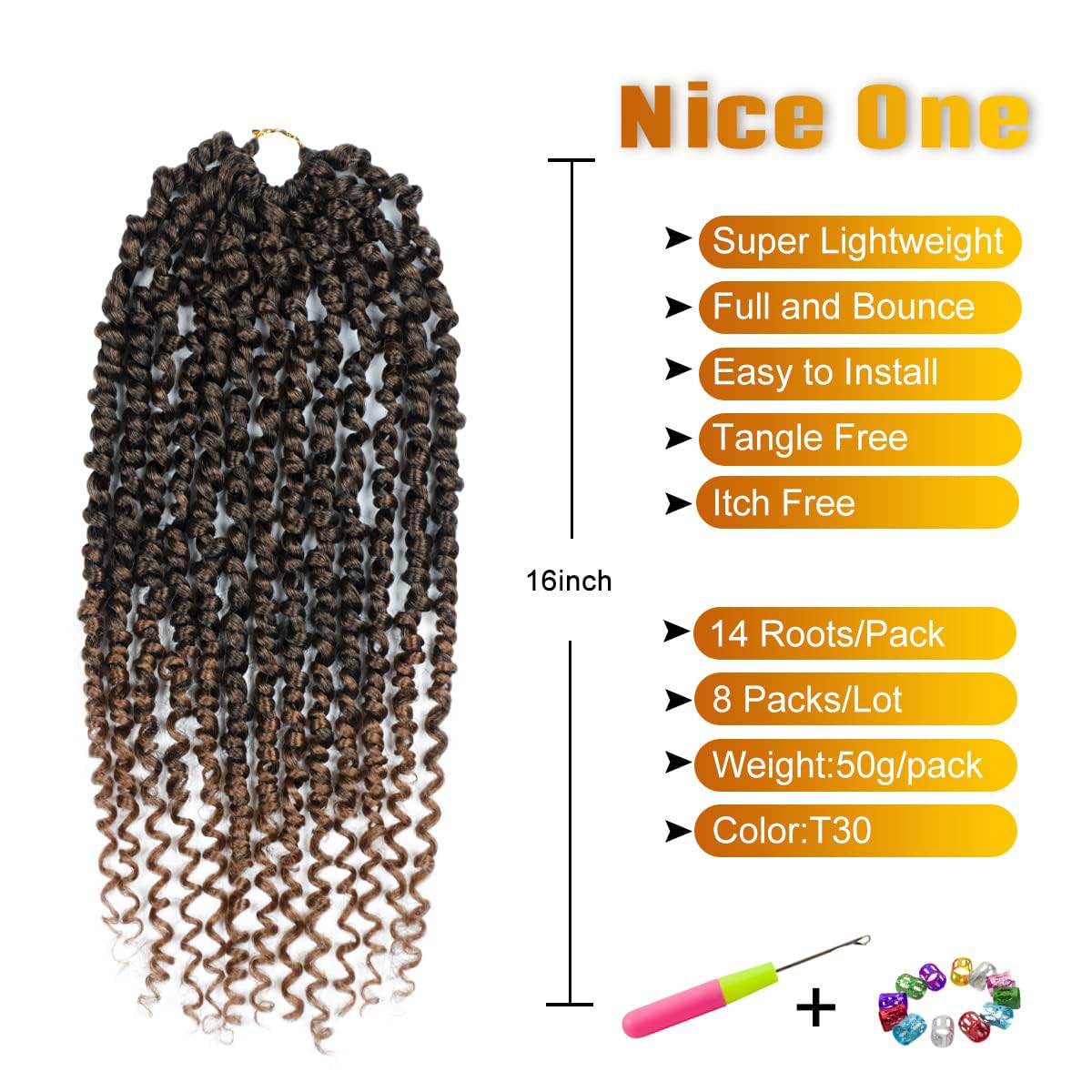 Nice One Pre-Twisted Passion Twist Hair 16 Inch, 112strands Passion Twist Crochet Hair for Women 8 Packs Pre-Looped Passion Twists Braiding Synthetic Hair Extensions (16 Inch (Pack of 8), T30)
