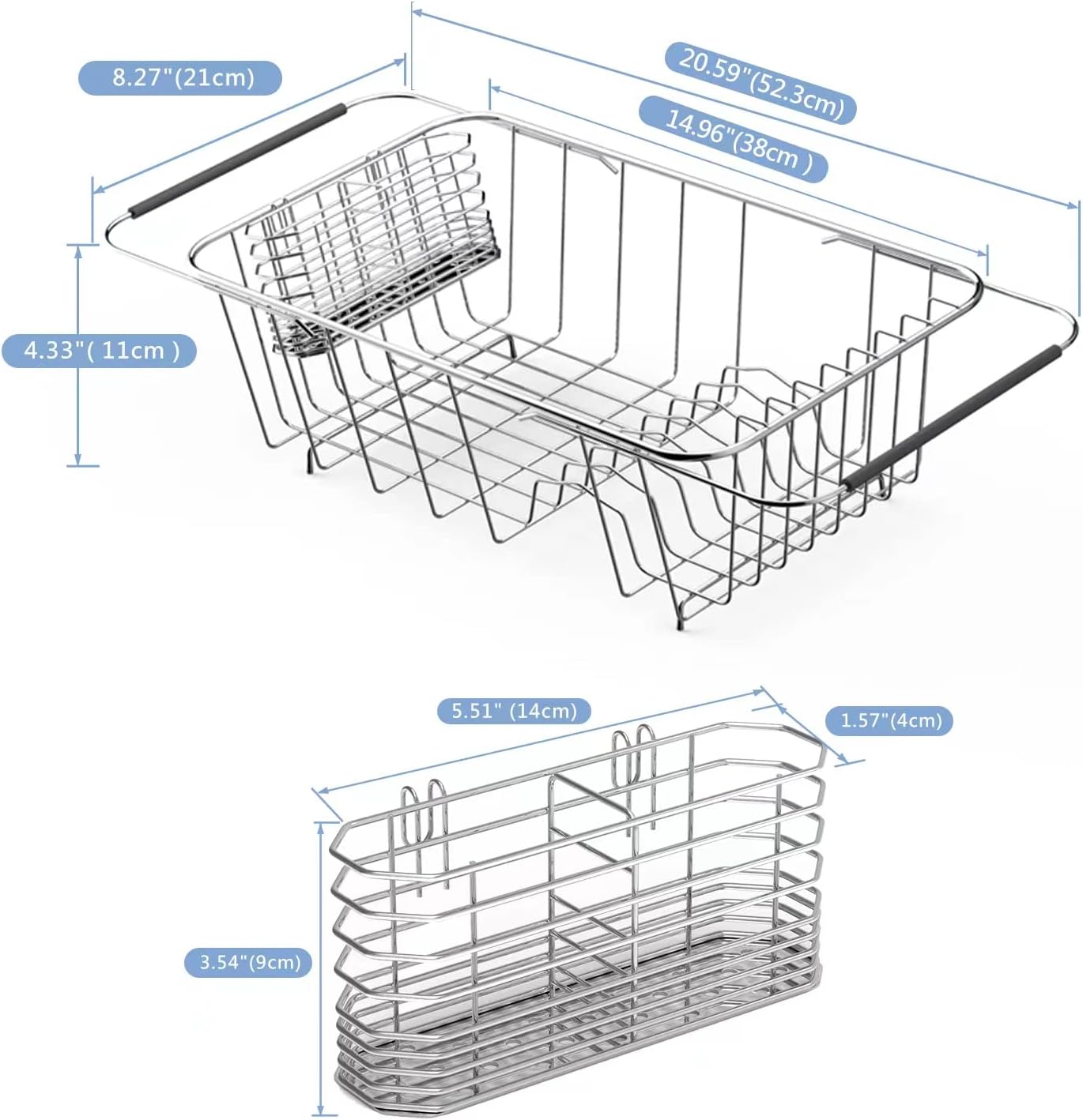 Sink Dish Drying Rack, 304 Stainless Steel Rustproof Expandable Dish Drainer Organizer with Stainless Steel Silverware Holder Over Inside Sink-Adjustable 14.96" to 20.59" （Maximium 7 Upright Dishes ）