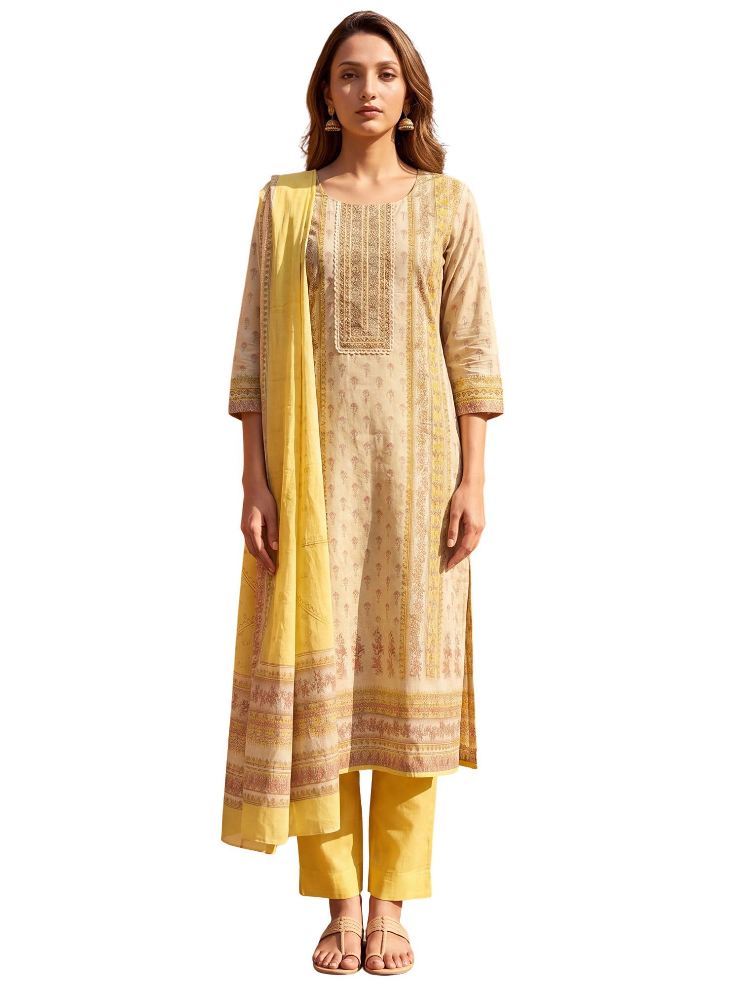 vaamsi Women's Yellow Pure Cotton Printed Straight Floral Kurta Trousers With Dupatta Set | Festive Straight Kurta Set For Women | Floral Salwar Suit For Women (VKSKD3204, M)-picture-10