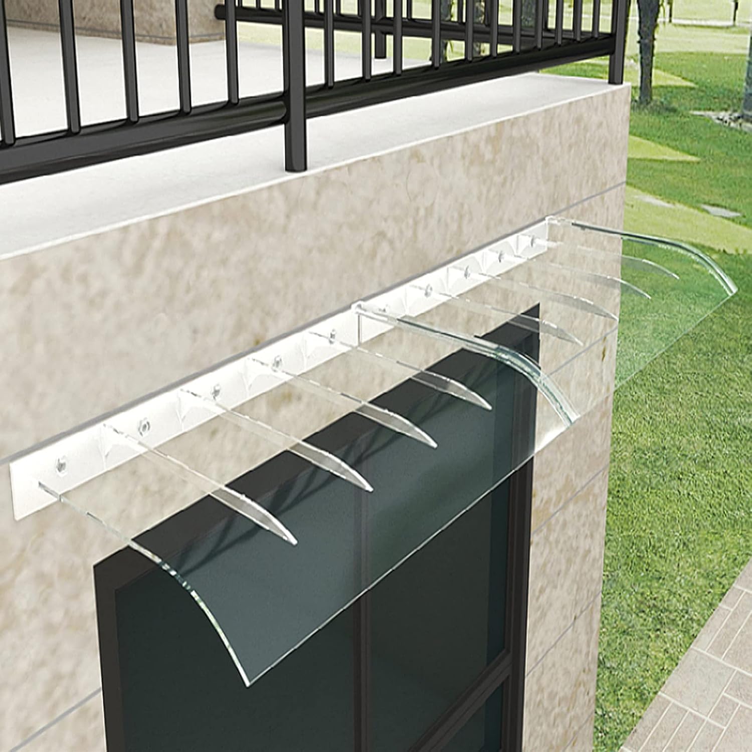 Auvent de porte transparent incurvé | Abri pour fenêtre et façade de maison de qualité