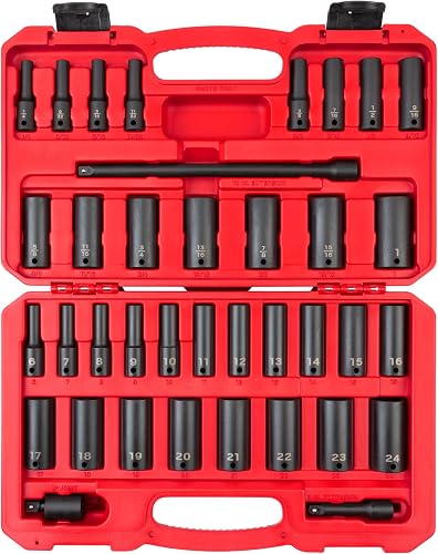 TEKTON 3/8 Inch Drive Deep 6-Point Impact Socket Set, 37-Piece (1/4-1 in., 6-24 mm) | SID91403