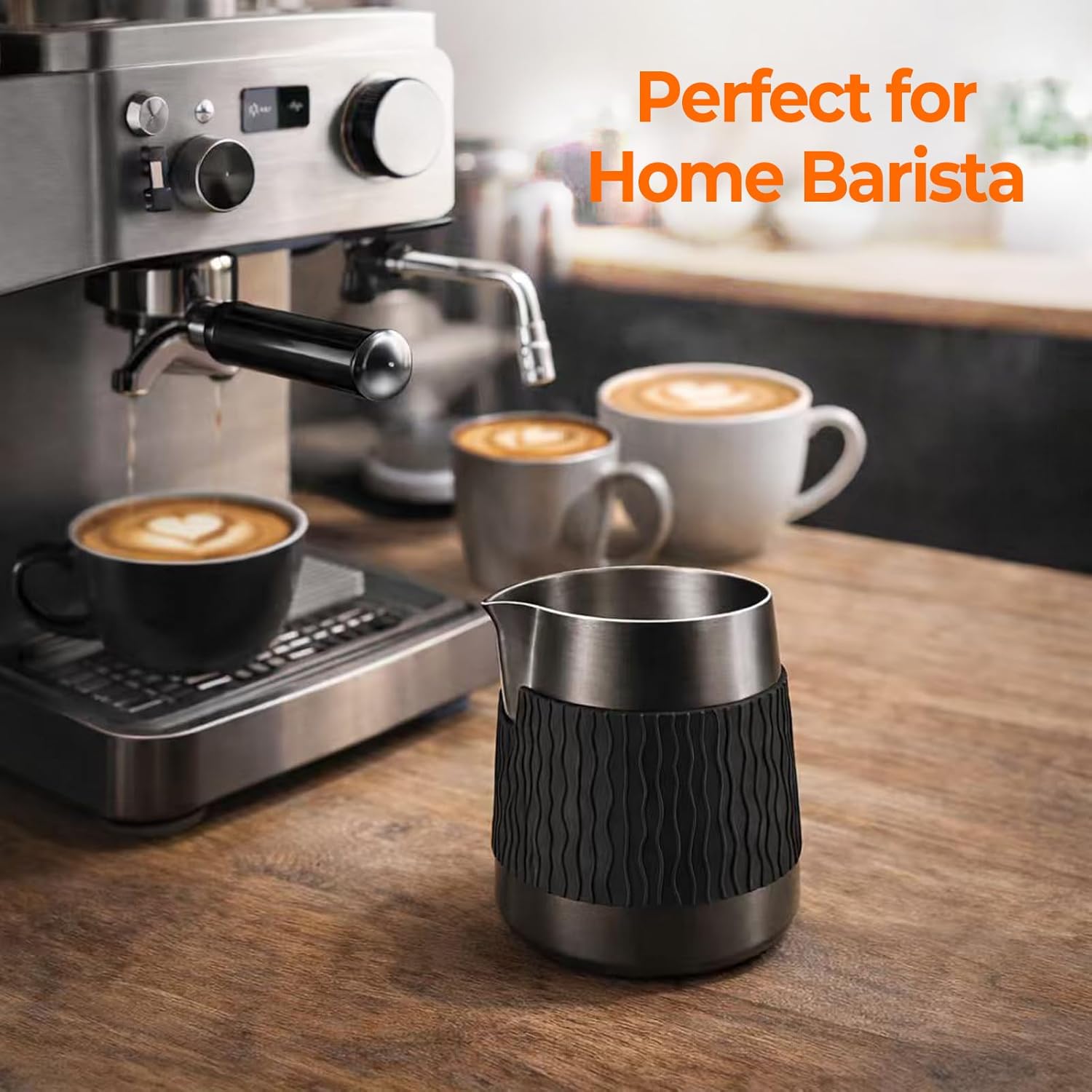 Espresso Milk Prothing Pitcher, 15oz/450ml Wide Spout Steaming Jug without Handle, 304 Stainless Steel For Latte & Cappuccino (Black)