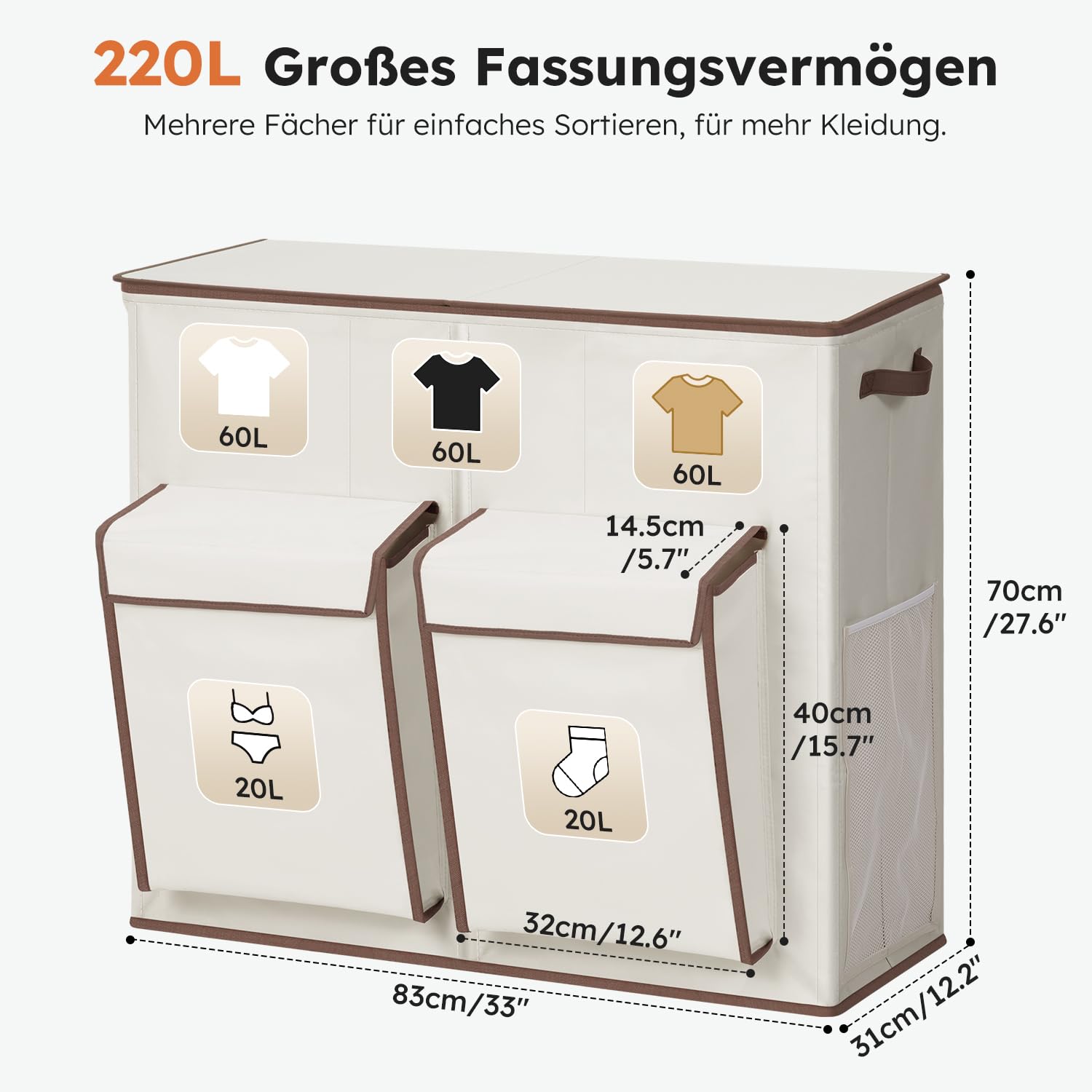 SOLEDI 220L Wäschekorb mit Deckel, Wäschesammler 3 Fächer mit 2 Seitentaschen, Laundr Baskets mit 3 Wäschesack, Wäschesortierer Groß XXXL für Badezimmer, Schlafzimmer, Waschküche