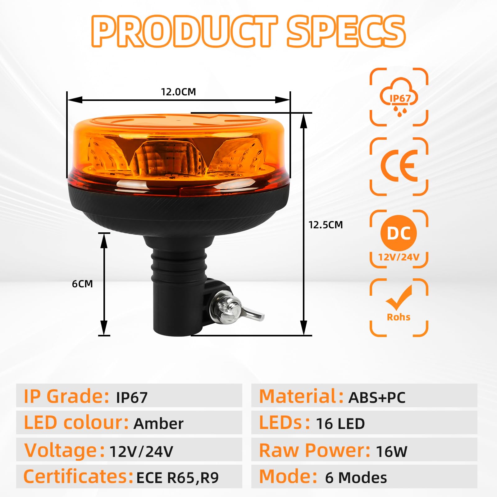 2x Rundumleuchte LED Amber Warnleuchte 12V/24V Blinkleuchte mit 6 Modi Rotating Flash Beacon, 16 LED Rundumleuchte Flexible DIN für Gabelstapler-Traktor Golfwagen Anhänger - ECE E9 IP67