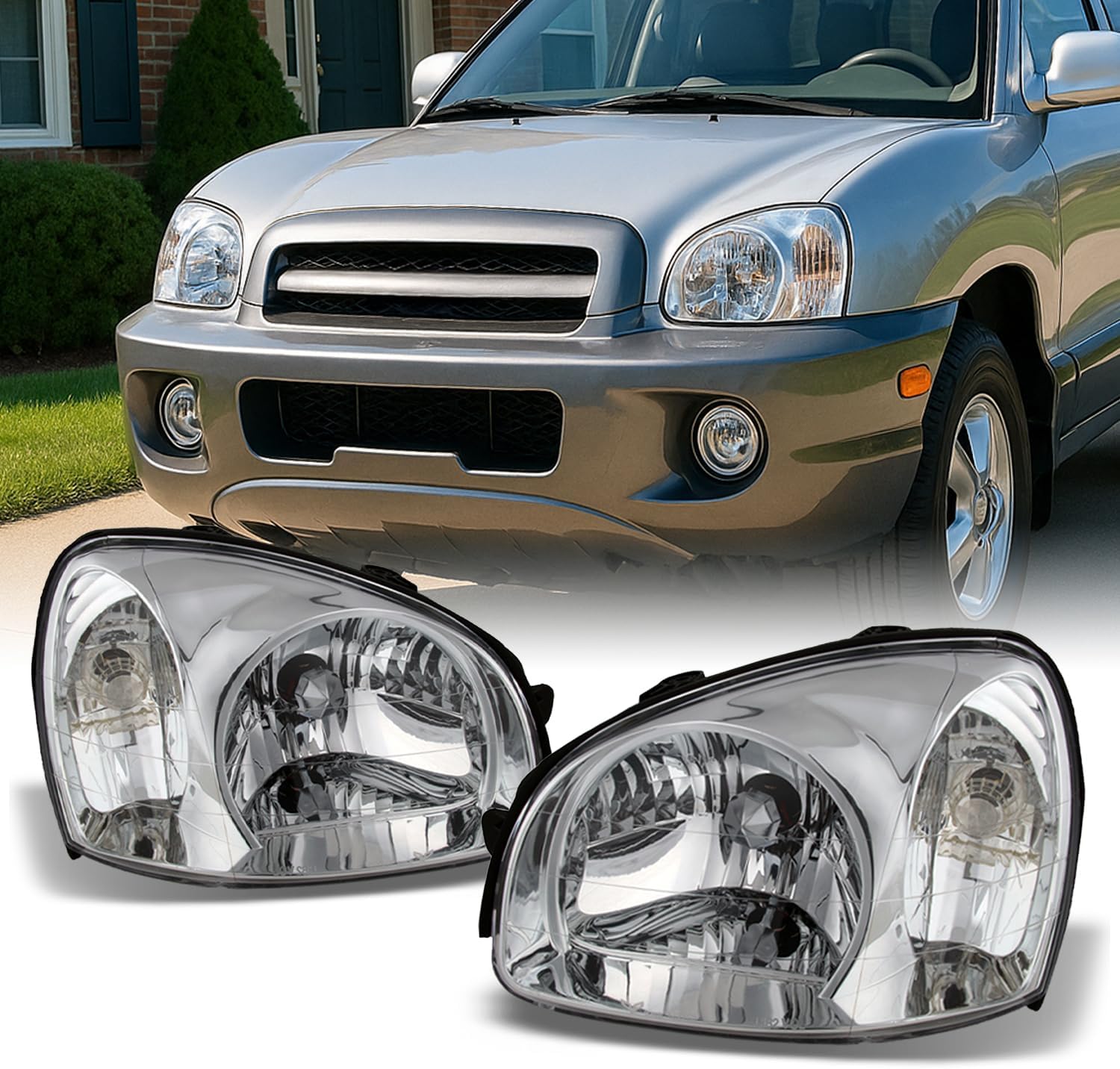 AKKON - Fits Hyundai Santa Fe OE Replacement Chrome Housing Headlights Head Lamps - Pair Set