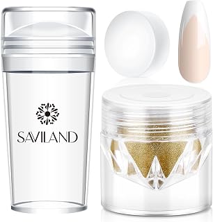 Saviland French Tip Nail Stamp -15PCS French Nail Tool with Replaceable Stamper Head, Gold Chrome Nail Powder, Clear Silicone Nail Stamper Kit for French Manicure DIY