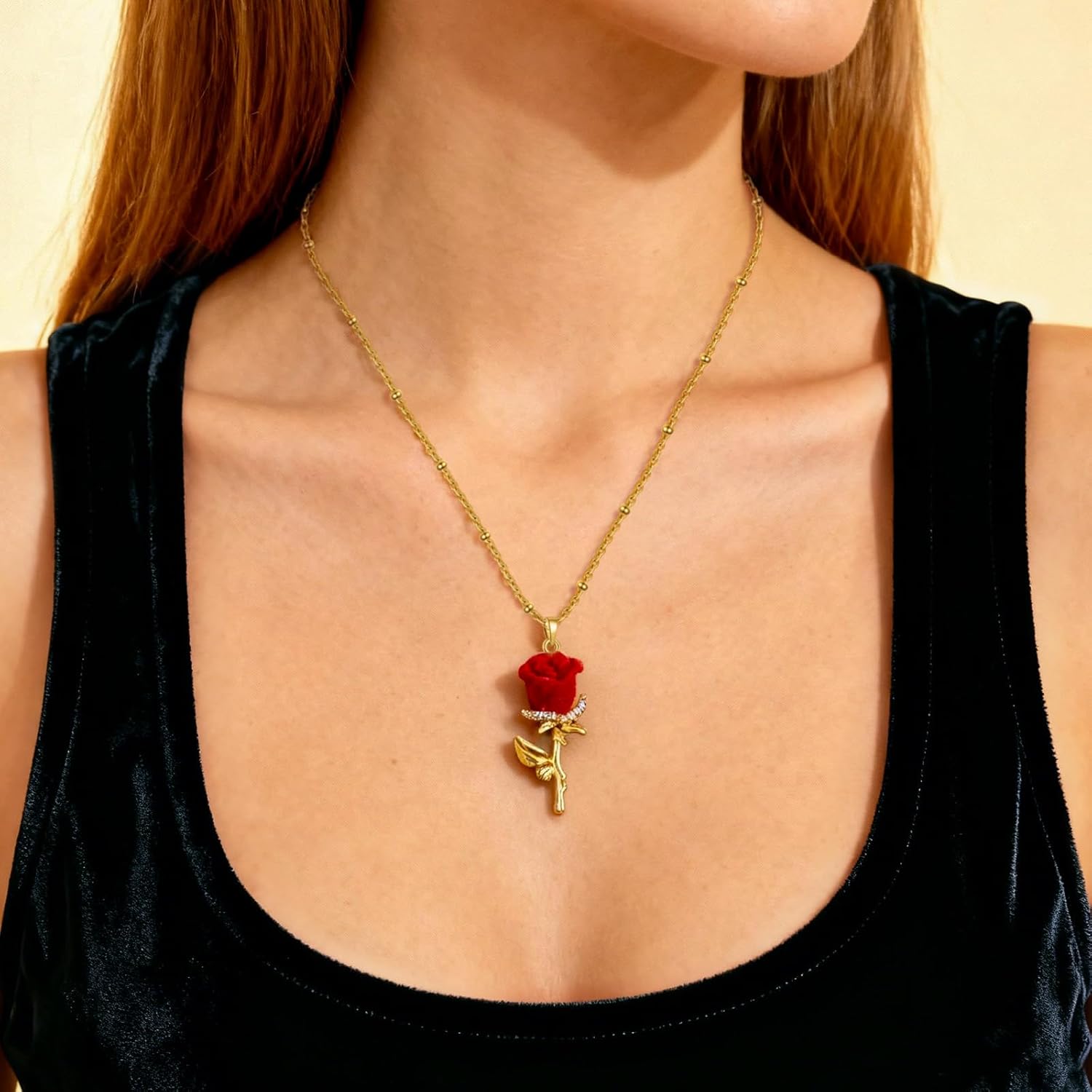 Red Rose Pendant Necklace Dainty Blossom Rose with Cubic Zirconia Charm Choker 3D Floral Pendant Gold Jewelry for Women Anniversary Valentines Day Birthday Jewelry Gifts - Image 2