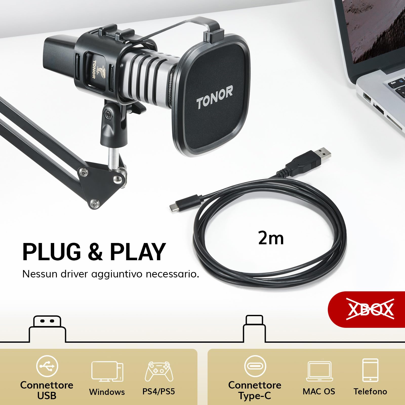 TONOR PC microfono USB kit, set microfono a condensatore cardioide per recording di podcast, gaming, streaming, canto, voice over, microfono da studio con supporto regolabile a braccio, 200 cm,TC30+