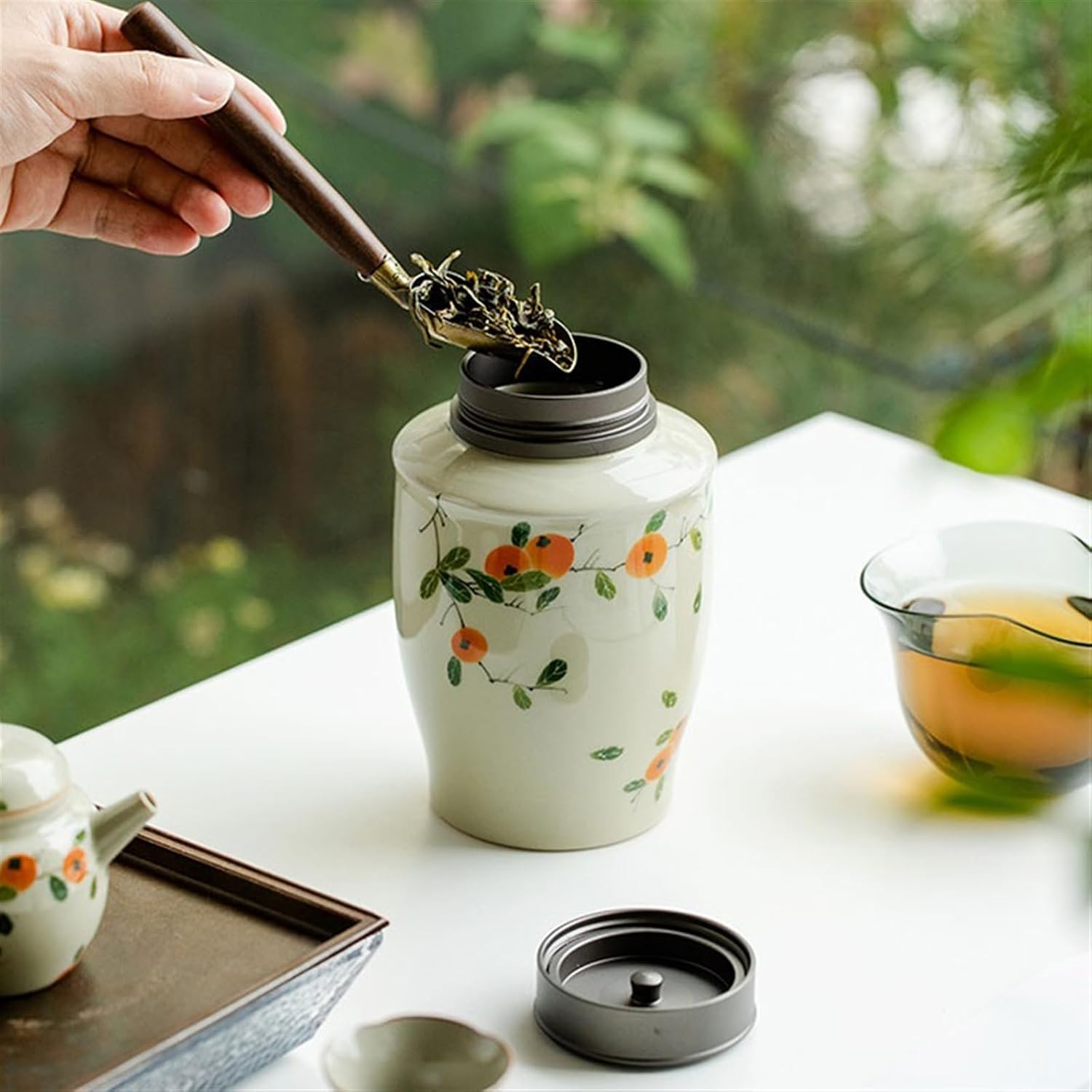Tea Tin Hand-painted Persimmon Pattern Tea Canister Ceramic Double Lid Sealed Puerh Storage Warehouse Container