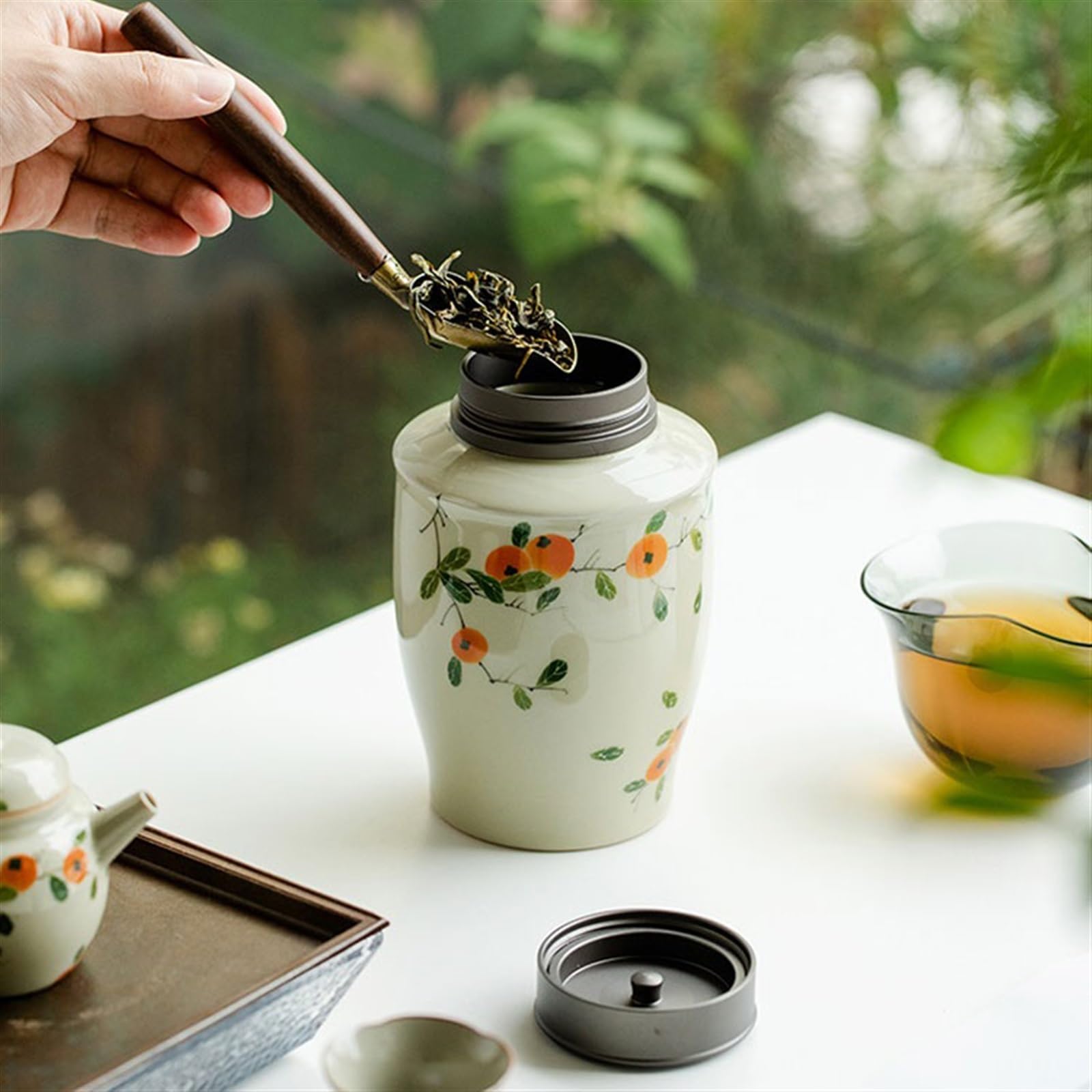 Herbata Puszki Ręcznie Malowany Wzór Khaki Tea Bottle Pot Ceramiczny Uszczelniony pojemnik z podwójną pokrywką, Puszka do przechowywania herbaty Puerh Herbata Magazyn Herbaty Box
