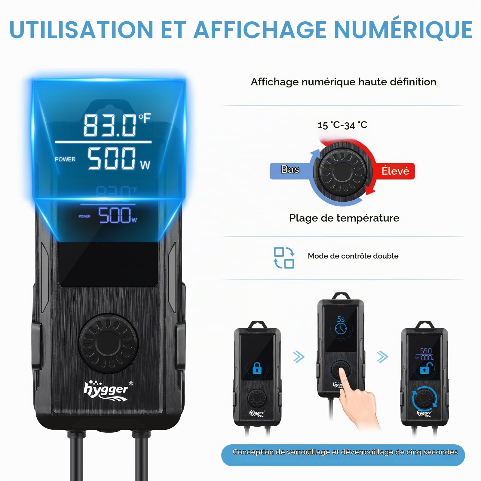 hygger Chauffage Aquarium Thermoplongeur Chauffe Eau,1000W Submersible Chauffage pour Aquarium Température Réglable avec Contrôleur d'affichage Numérique LED