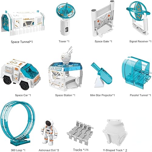 Miniatura 5 de VANLINNY Juguetes espaciales para niños, 204 juguetes de tren para niños de 6 a 8 años con 1 mini proyector de estrellas, 1 auto iluminado y 2