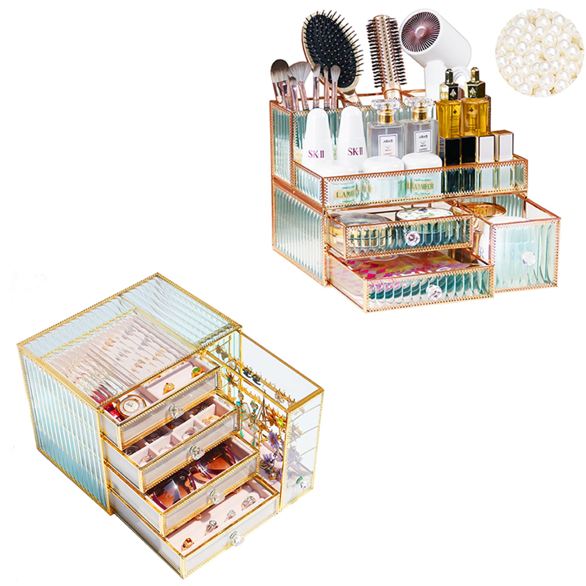 Youdepot2-Piece Hair Tool and Jewelry Organizer Set – Tempered Glass Makeup, Jewelry, and Hair Styling Tool Storage for Vanity and Countertop – Elegant, Multipurpose Organizer for Home and Gift Use