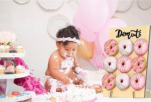 Miniatura 7 de Soporte de exhibición de pared de rosquilla, 2 piezas, con 2 soportes de torre de dona, soporte de madera para donas para baby shower, fiesta, boda