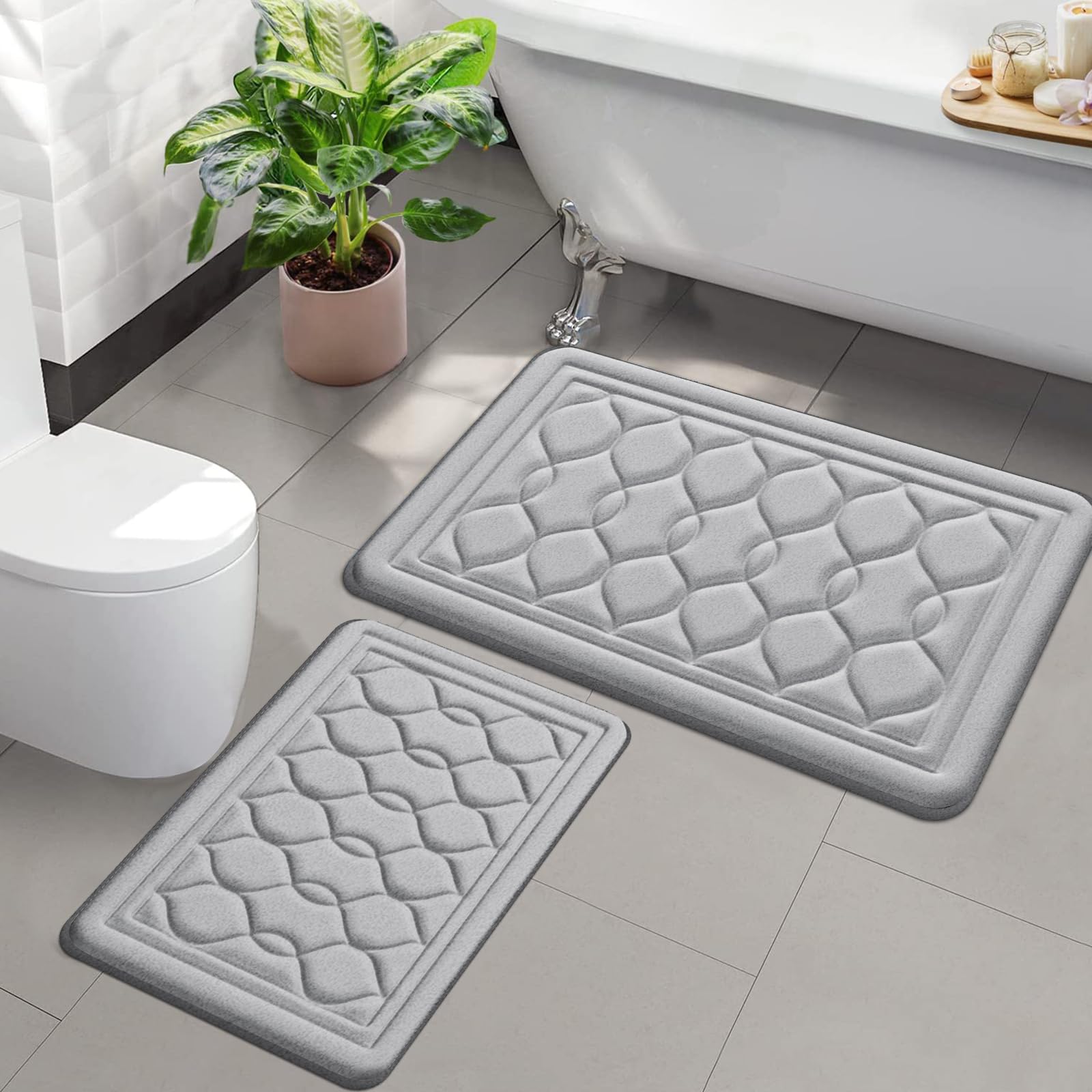 Juego de alfombras de baño de espuma viscoelástica, 2 piezas, ultra suaves, grises, antideslizantes, absorbentes de agua, lavables a máquina, de secado rápido, alfombras de baño para baño, bañera,