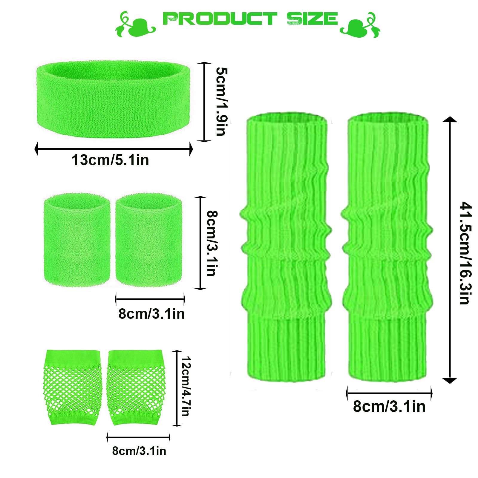MUFEKUM 80s Fancy Dress Costumes Accessories, Leg Warmers Fishnet Gloves Headband Wristbands Sweatbands Neon Set - Image 2