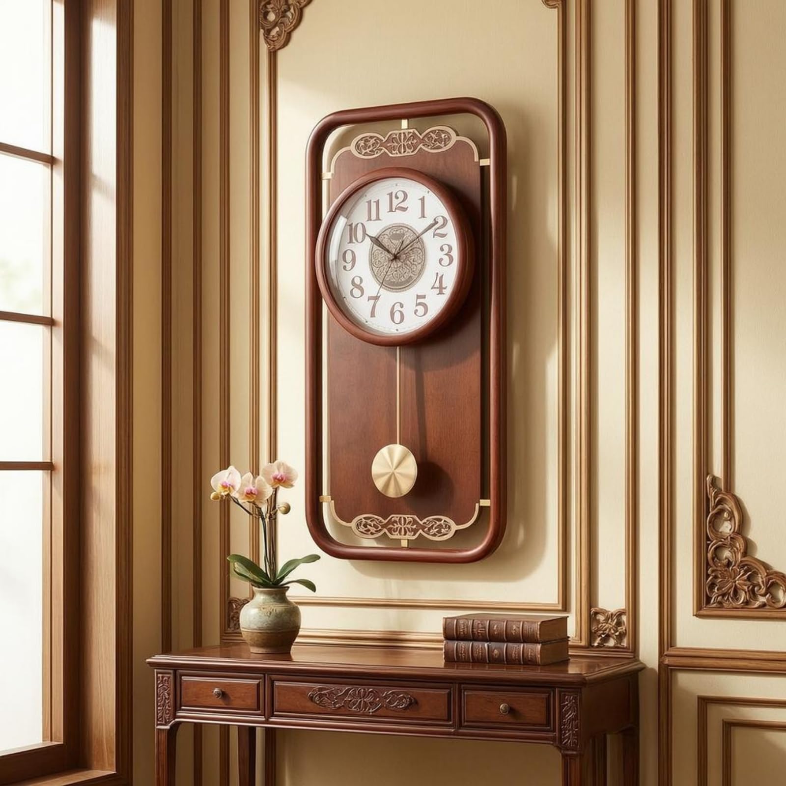 Baoblaze Reloj de Pared Silencioso Reloj Colgante Rectangular Madera Vidrio Claro Diseño Esquinas Redondeadas Patrón Central, Reloj De Pared De Madera Maciza Jinzhongbao Modelo con Campanadas