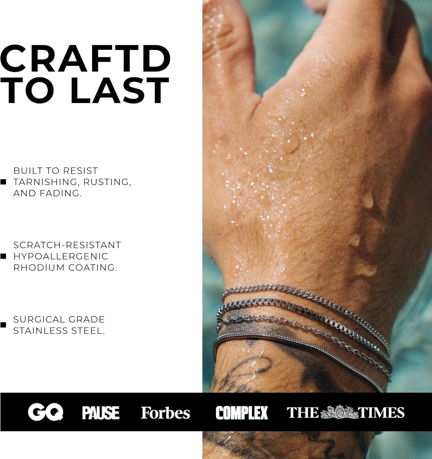 CRAFTD - Curb Link Bracelet - Waterproof, Heat & Sweat Resistant - Gifts for Men - Men's Jewelry - Size 2MM - Image 4