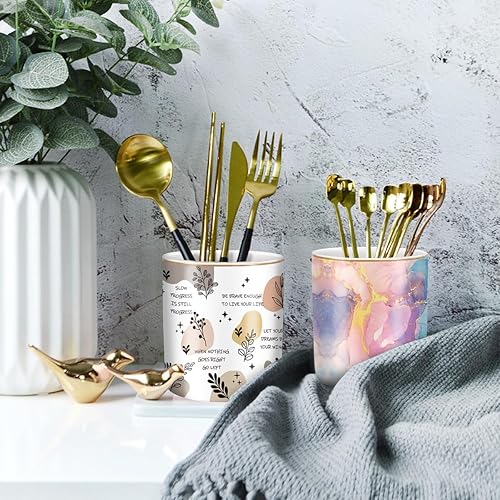 Miniatura 7 de WAVEYU Bonito soporte para lápices de escritorio, soporte para vasos para escritorio, almacenamiento de escritorio de cerámica, organizadores de