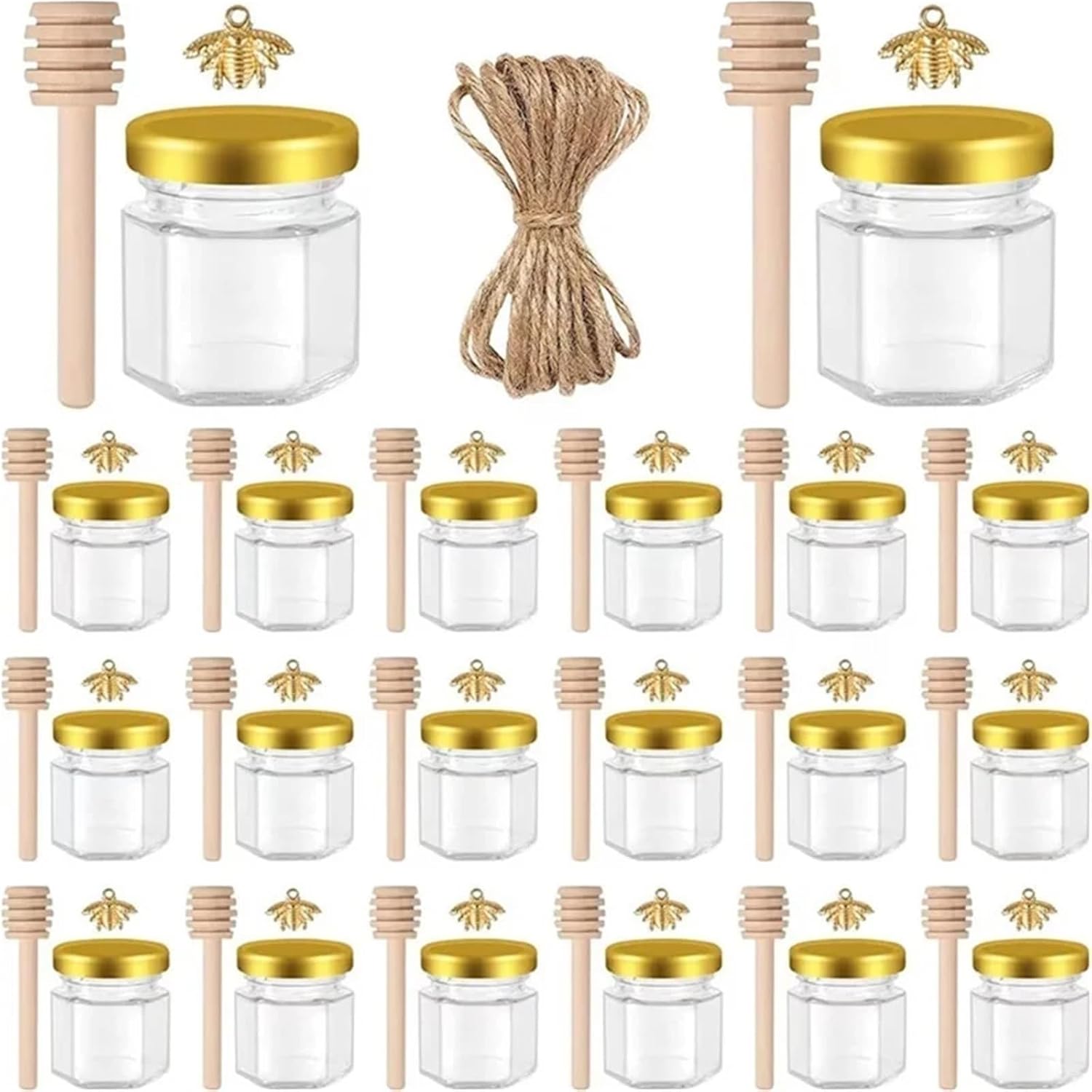 Honey Jars Party Favors 20Pcs Hexagonal Honey Glass Jars With Wood Dippers 45mL Small Glass Bottle With Lid For Baby Shower, Wedding, Party Favors