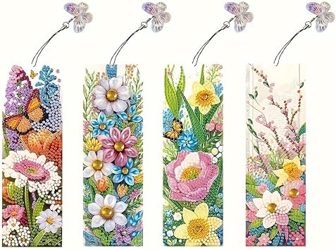plzzree Diamond Art Bookmarks 4pcs Acrylic Diamond Bookmarks Kits for Women - Spring Flower Butterfly DIY Bookmark - Adults Small Craft Book Marks Kit Beginner