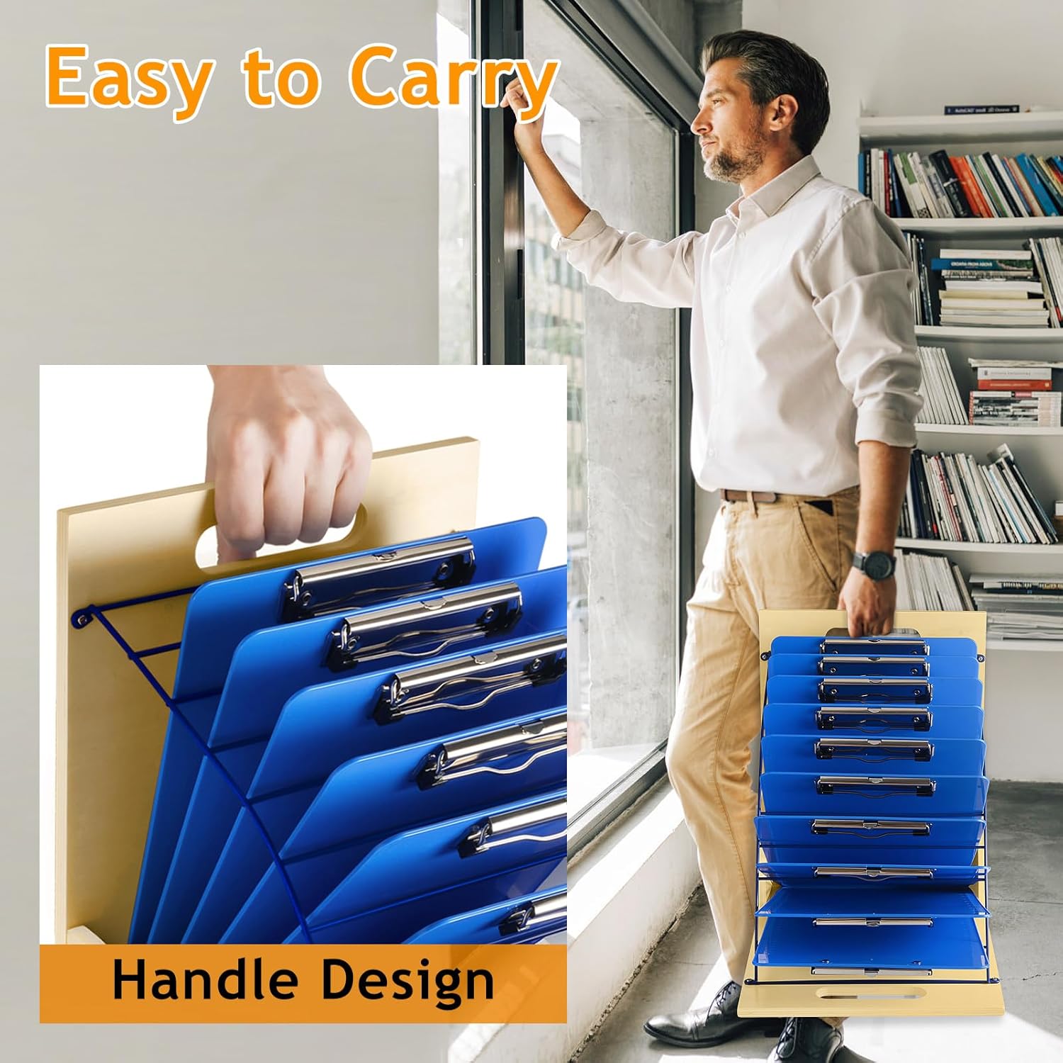 HUZU Desktop Clipboard Organizer Rack, Wooden and Metal Clipboard Holder, Clipboard Storage Stand for Classroom, Office, and Clinic, Assembly Required