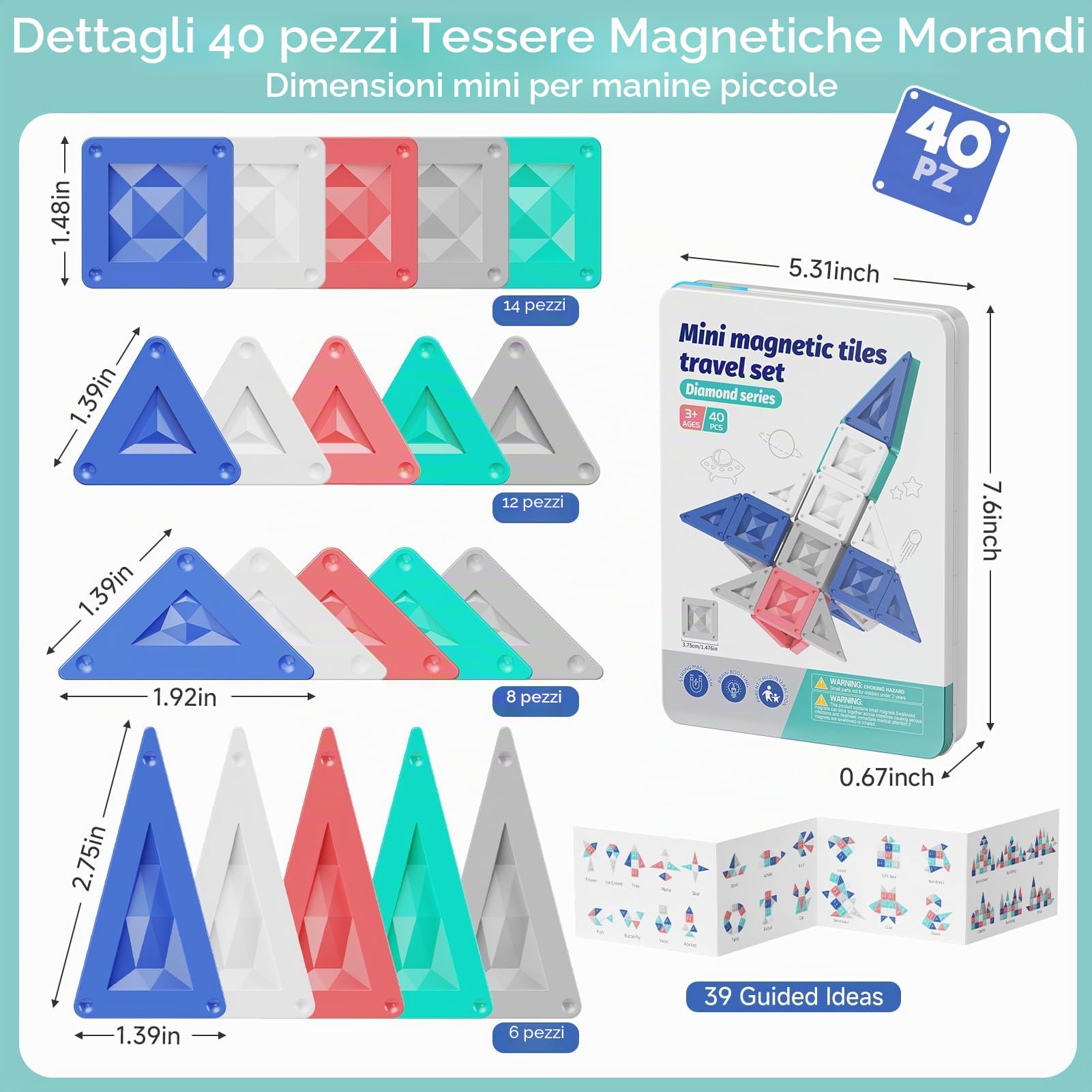 Mattoncini magnetici da viaggio a partire dai 3 anni, 40 pezzi di mattoncini magnetici Montessori, giocattolo educativo con scatola di stagno portatile e piastra di gioco integrata, mattoncini