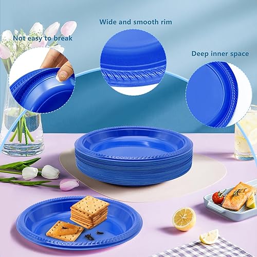 Miniatura 3 de Platos desechables de plástico azul  Platos de plástico azul oscuro de 9 pulgadas desechables para fiestas  150 platos azules de plástico para cena