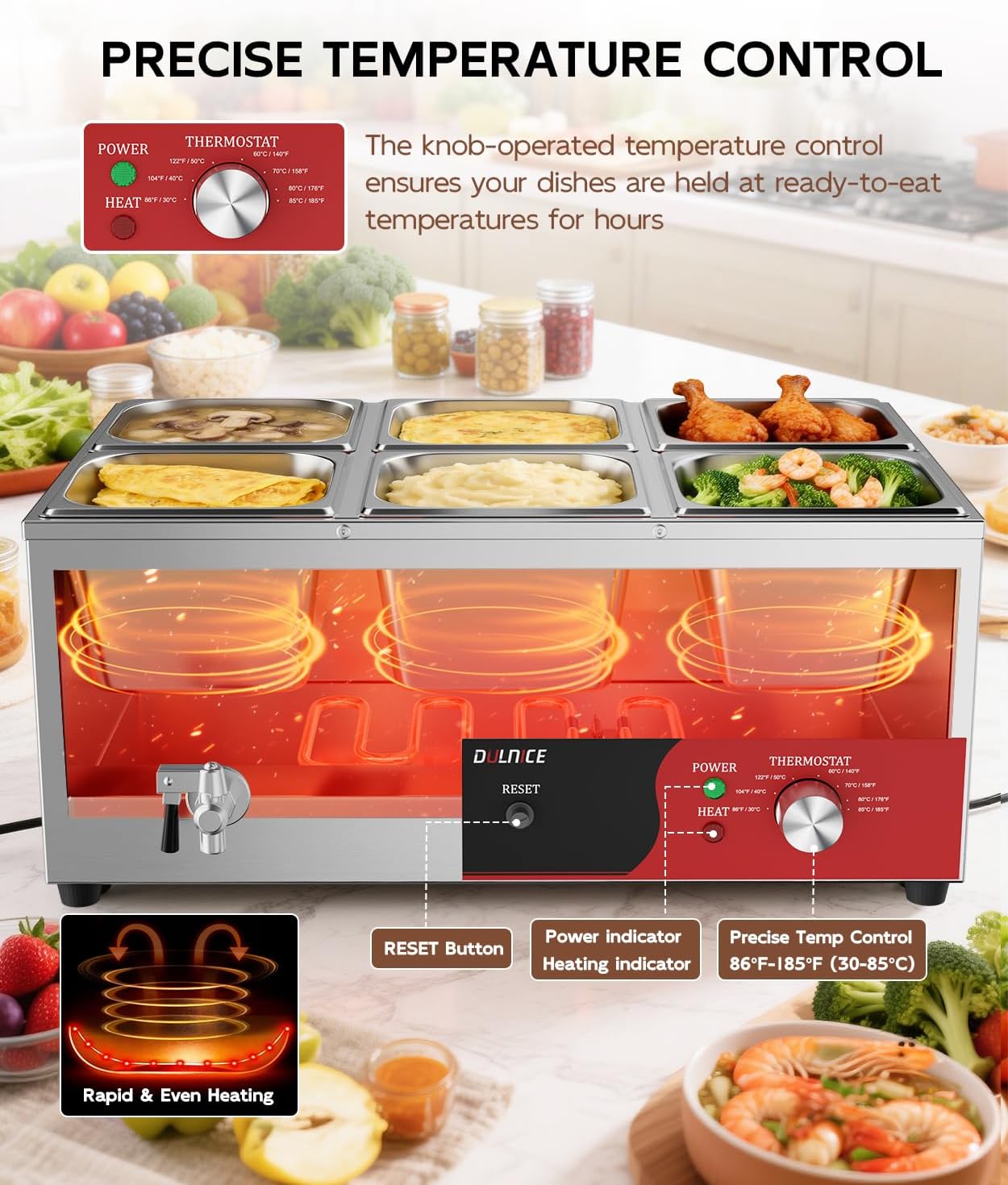 6-Pan Commercial Food Warmer, 1500W Stainless Steel Bain Marie with Anti-Dry Burn and Reset Button, Countertop Soup Warmer with Drain Tap, Soup Spoon for Buffet, Catering, Parties, Restaurants