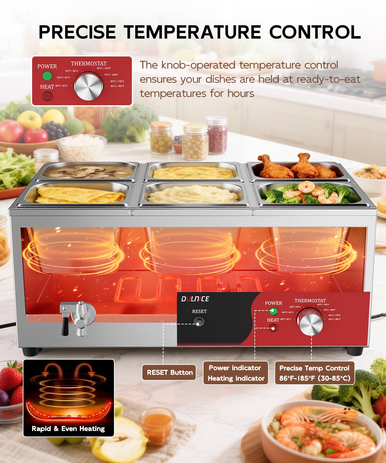 Bain-Marie Électrique 6 bacs avec Réinitialisation, Réchauffeur Électrique Commercial pour Buffet 1500W avec Robinet de Vidange et Cuillère à Soupe pour Cantines et Cafés, Contrôle de la
