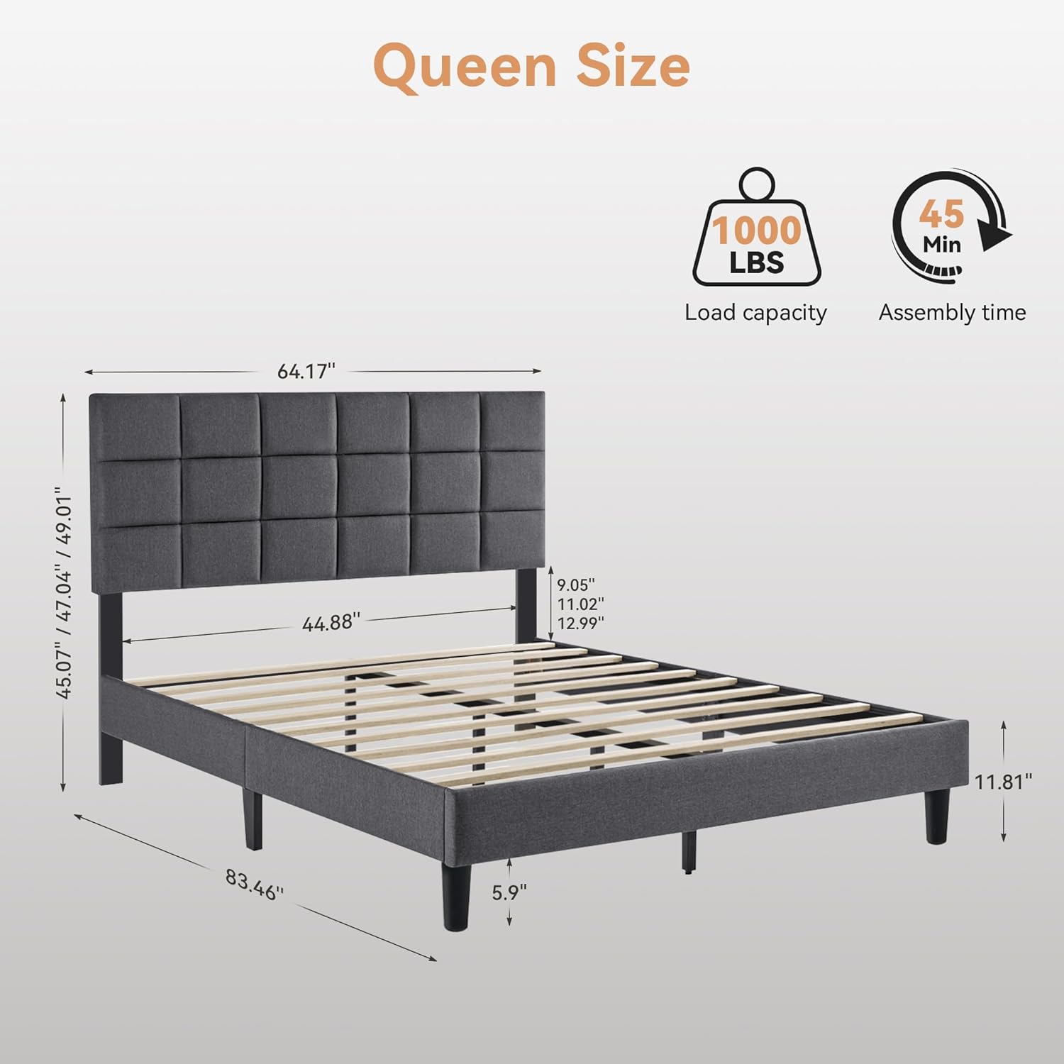 BedsPick Queen Size Bed Frame with Fabric Upholstered Headboard, Bed Frame Queen Size with Solid Wooden Slats Support, No-Noise, Easy Assembly, No Box Spring Needed with 1000LBS, Grey