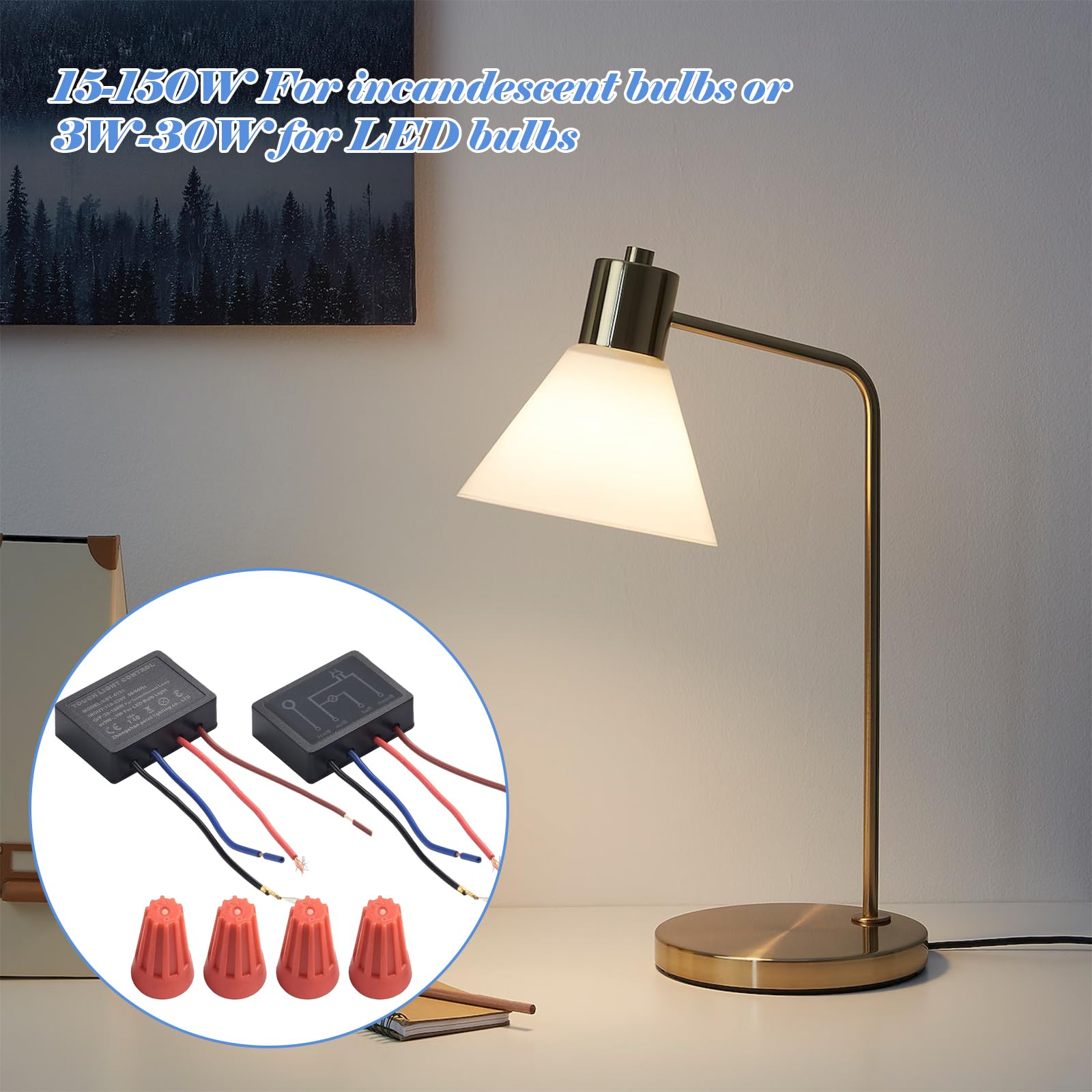 Juego de 2 interruptores táctiles para lámparas de mesa, 4 vías, sensor táctil, regulador de intensidad, con tapas de cable, para lámparas de mesa, lámparas de pie, lámparas de pared y